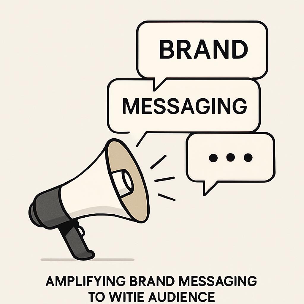 Image of a megaphone with speech bubbles saying "Brand Messaging" and the caption "Amplifying Brand Messaging to Wite Audi...