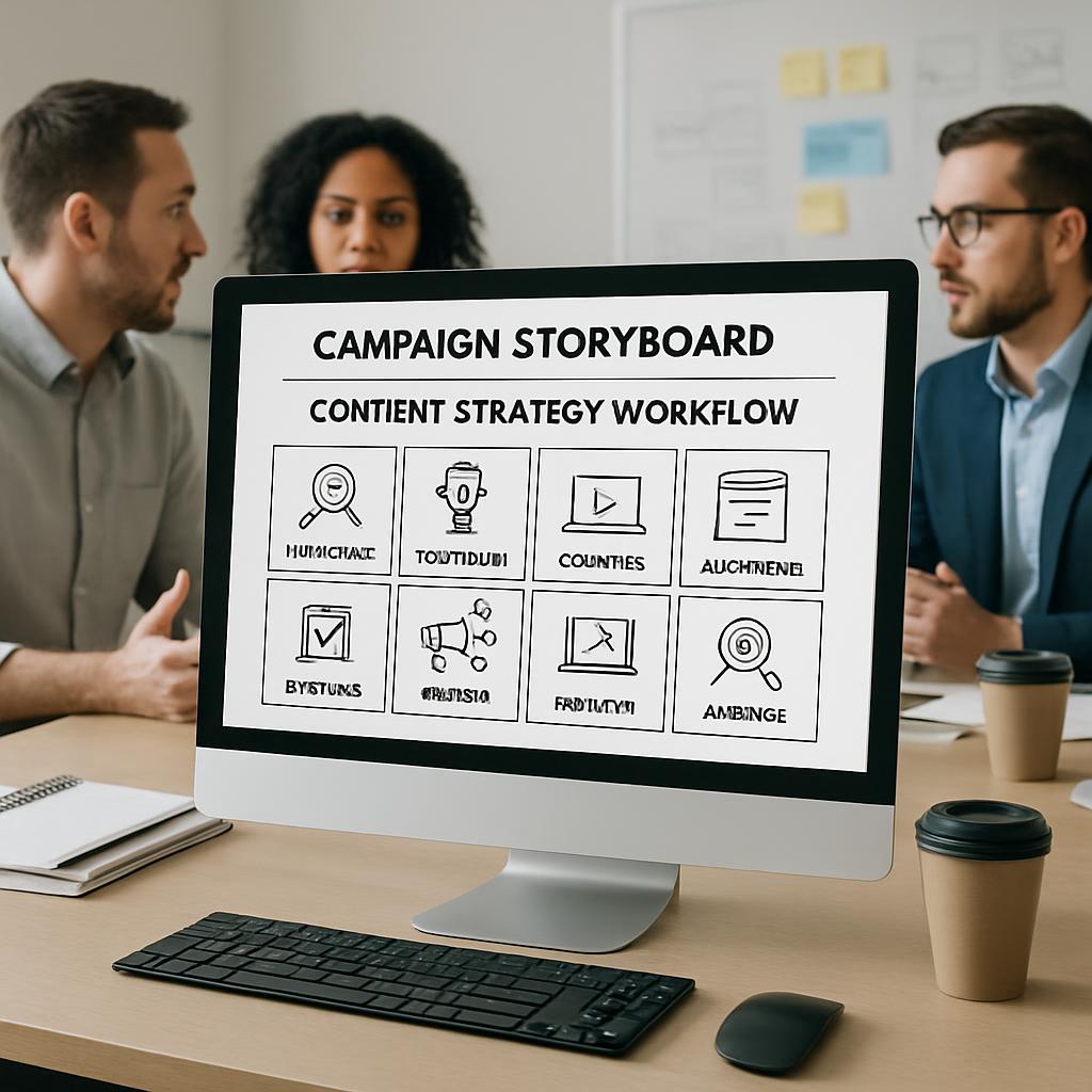 Computer monitor displaying a campaign storyboard, with a man, woman, and another man visible sitting at a desk behind it.